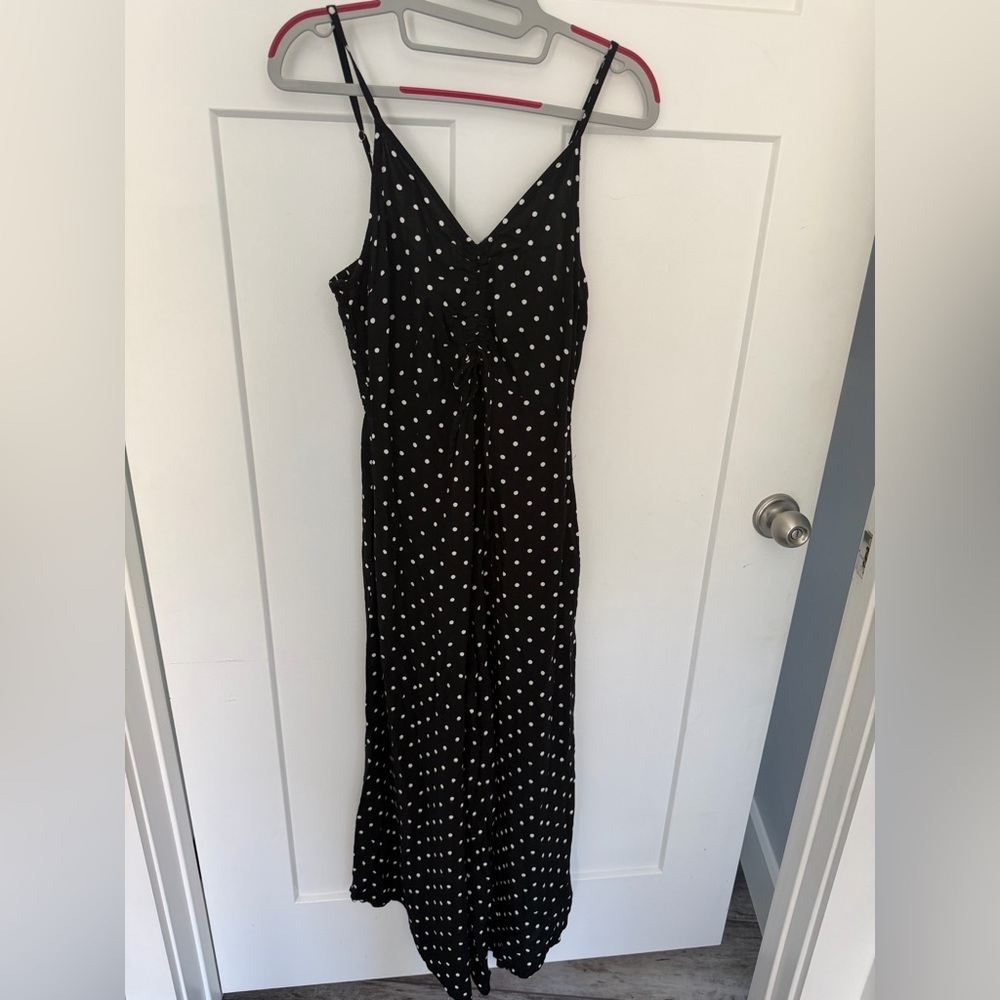 Japna Polka Dot Jumpsuit Black White Smocked Waist Wide Leg Medium